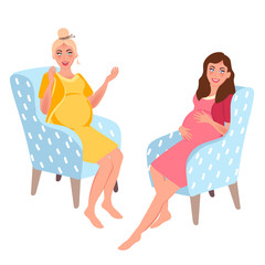 Pregnant women sit in a chair and have a good time in the conversation. Vector illustration of pregnancy