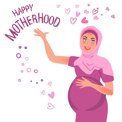 Obraz na płótnie Canvas A pregnant Oriental woman smiles, raising her hand. Vector illustration of pregnancy, happy motherhood