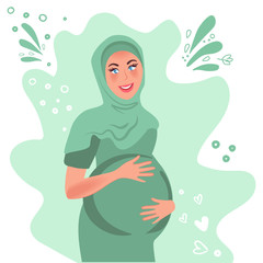 A pregnant Arab woman in a hijab holds her hand on her stomach. Vector illustration of a happy pregnancy
