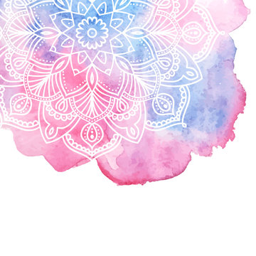 Watercolor paint background with white hand drawn round doodles and mandalas. design of backdrop