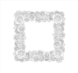 Decorative frame with flowers, roses, peonies. Elegant and stylish template for text. Vector illustration drawing.