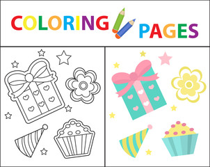 Coloring book page for kids. Birthday gift and cake set. Sketch outline and color version. Childrens education. Vector illustration.