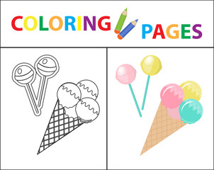 Coloring book page for kids. Ice cream and candy on a stick. Sketch outline and color version. Childrens education. Vector illustration.