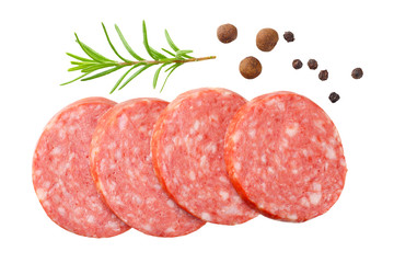 sliced sausage salami with rosemary and peppercorns isolated on white background. top view