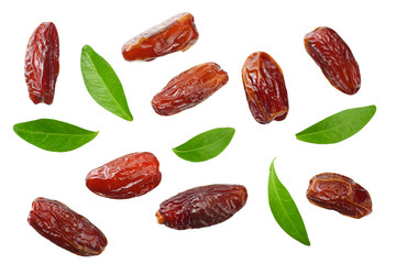 date fruits with green leaves isolated on white background. top view