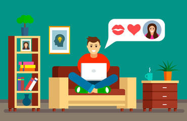 young man sitting on the couch with a laptop in online love correspondence. The concept of online dating, dating, blindfold and valentine day. vector