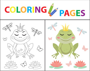 Coloring book page for kids. Frog princess Sketch outline and color version. Childrens education. Vector illustration.