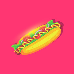Hot dog bright icon in cartoon style. Fast food nutrition.