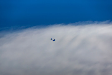 Passenger aircraft in the sky against backdrop of huge cloud