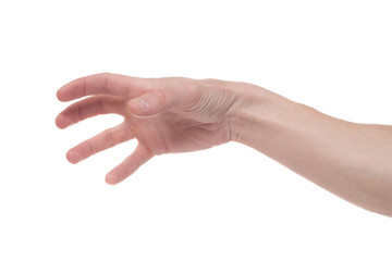 Empty male hand making gesture like holding something isolated on white background.