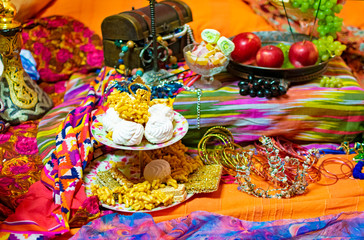 Oriental style with fruit, candy and box