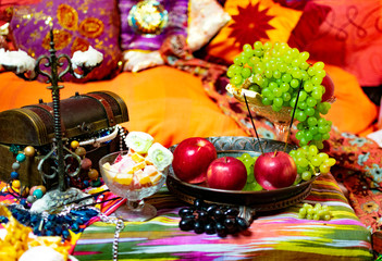 Oriental style with fruit, candy and box