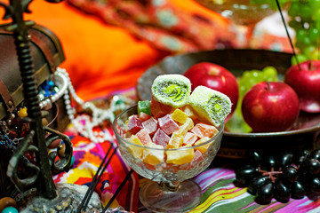 Oriental style with fruit, candy and box
