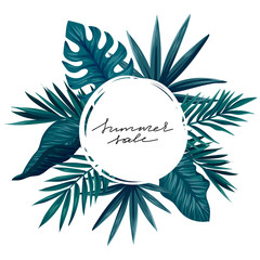 Summer sale banner with tropical leaves, vector