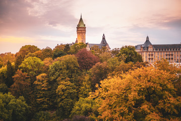 Tower of the Bank of Luxembourg surrounded by trees