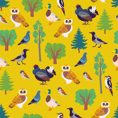 Obraz premium Vector flat seamless pattern with hand drawn forest birds and floral wild nature trees elements isolated on yellow background. For packaging paper, cards, wallpapers, gift tags, nursery decor etc.