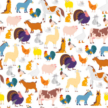 Vector flat seamless pattern with hand drawn farm domestic animals isolated on white background. Horse, cow, rooster, pig. Good for packaging paper, cards, wallpapers, gift tags, nursery decor etc.