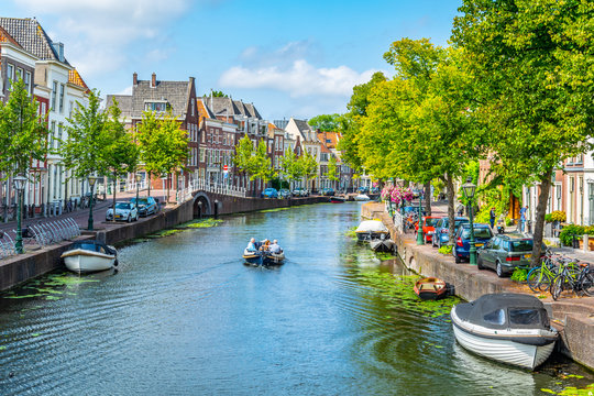 View of a canal in Leiden, Netherlands