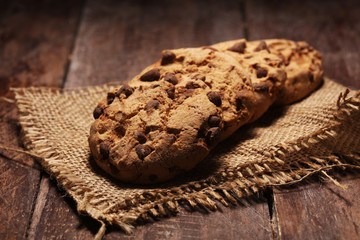 Chocolate cookies on wooden table. Chocolate chip cookies shot very delicious