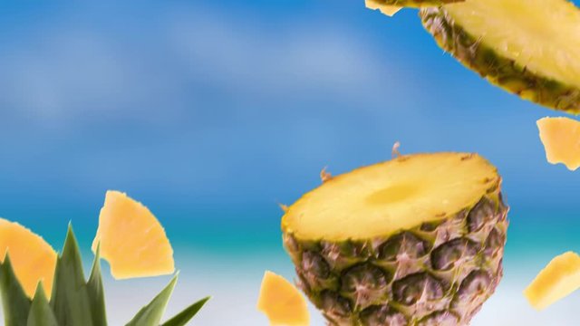 Pineapple with Slices Falling on Sky Background