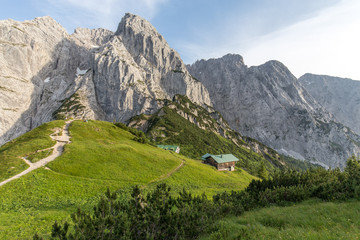 Fototapeta na wymiar Berglandschaft mit Berggipfeln und grüner Planzen