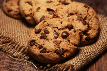 Chocolate cookies on wooden table. Chocolate chip cookies shot very delicious