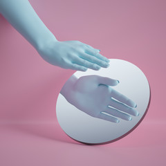 3d render, hand reflection in round mirror isolated on pink background, abstract conceptual composition, show gesture, open palm, mannequin body part