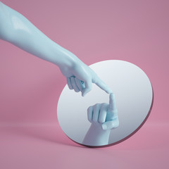 3d render, hand reflection in round mirror isolated on pink background, abstract conceptual composition, pointing finger, show gesture, mannequin body part