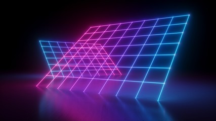 Obraz premium 3d render, abstract neon background, pink blue grid in ultraviolet spectrum, laser show glowing lines