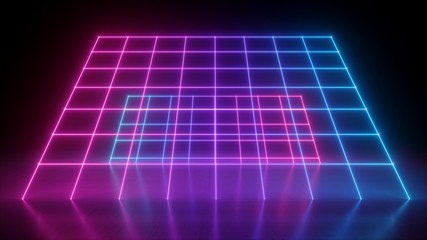 3d render, abstract neon background, pink blue grid in ultraviolet spectrum, laser show glowing lines
