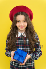 Girl shopping. Save money. Birthday surprise. Exclusive discount date of birth. Transforming shopping into an experience. Gift shop. Shopping and purchase. Shopping day. Happy child hold box