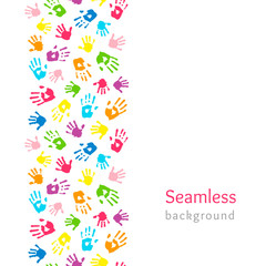 Fototapeta na wymiar Colored hands on white. Seamless vertical border made of handprints. Endless colorful background. Vector illustration