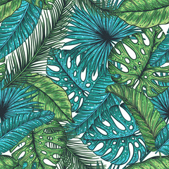 Fototapety  Tropikalne liście palmowe wzór. Ilustracja wektorowa liści palmowych. Wzór dżungli. Wydrukuj na szablonie z tkaniny. Piękny design na tekstylia.