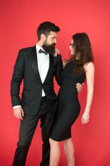 Formal party. love and romance. art experts of bearded man and woman. esthete. Romantic relations. Couple in love on date. Formal couple. fall in love. love desire of stylish couple. Special evening