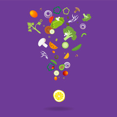 Exclamation mark with vegetables pattern for web and print decoration, vector illustration on purple background