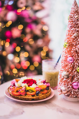 waffle with flowers and matcha and christmas decorations