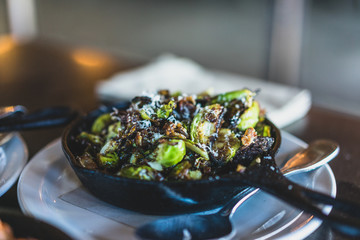 skillet with roasted brussel sprouts 