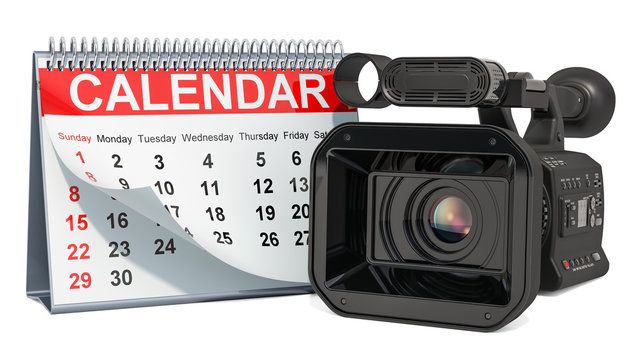 Desk calendar with professional video camera, television camera. 3D rendering