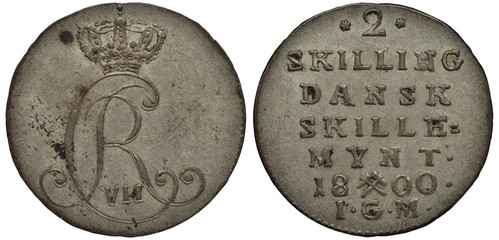 Denmark Danish silver coin 2 two skilling 1800, crowned monogram of King Christian VII,...