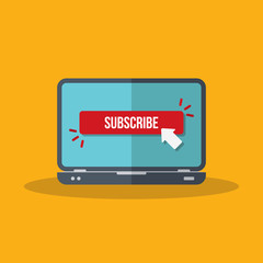 Laptop computer with subscribe button vector flat illustration