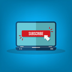 Laptop computer with subscribe button vector flat illustration