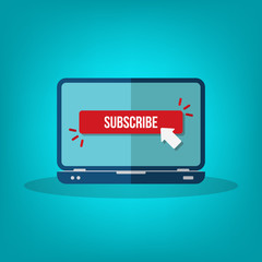 Laptop computer with subscribe button vector flat illustration