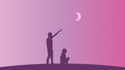 Couple of people on the pink starry sky background vector design