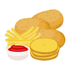 Potatoes. vector illustration. Set of whole, sliced, half and French fries potatoes. with sauces - ketchup, mayonnaise, mustard