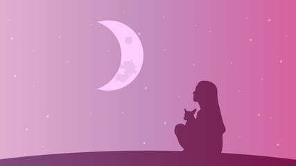 Girl with puppy on the pink starry sky background vector design