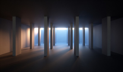 3d render, empty dark room with concrete walls and columns, abstract background, daylight rays inside basement, urban compartment
