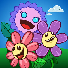 A group of three happy flowers characters with bright colors. Vector illustration