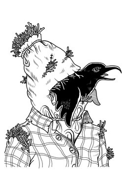Scarecrow face with a crow in its mouth. Vector illustration