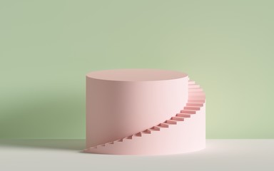 3d render, pink spiral stairs, steps, cylinder, abstract background in pastel colors, minimal scene