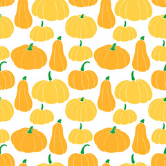 Seamless pattern with different varieties of pumpkins. bottle gourd; cinderella variety; butternut.